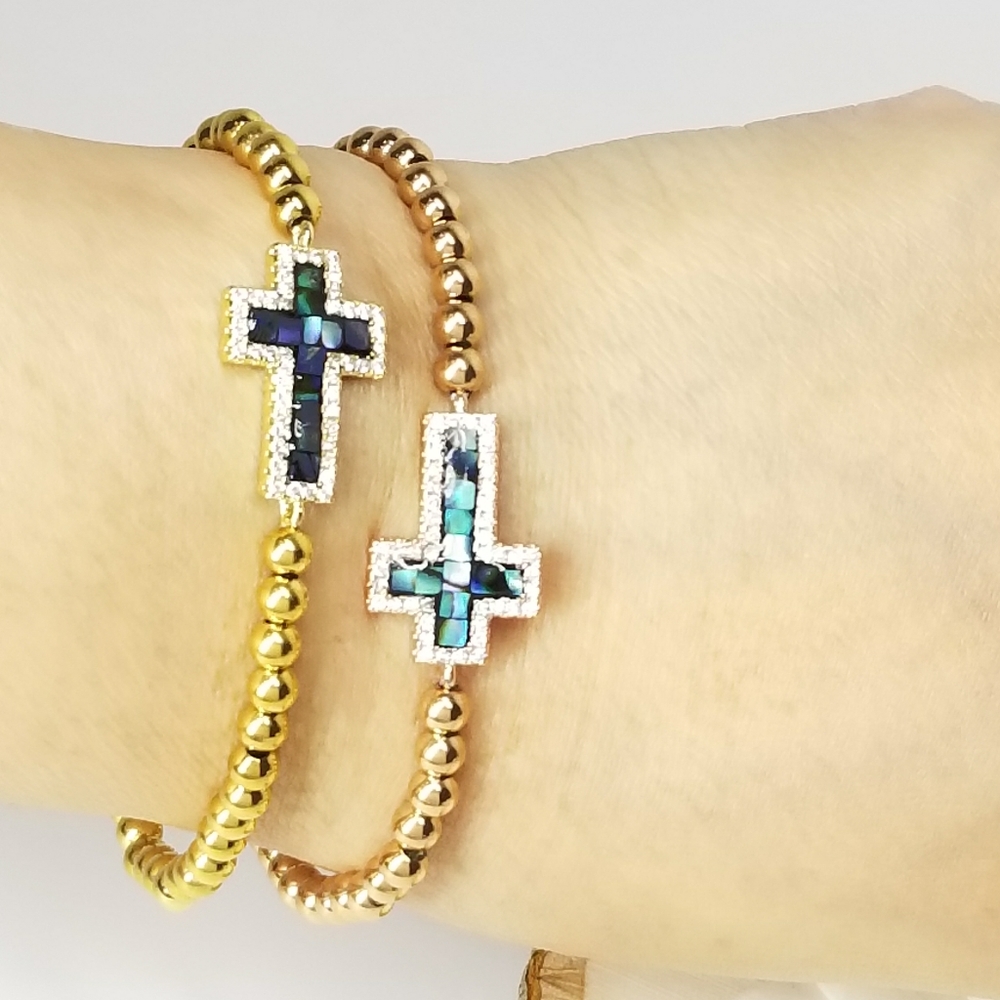 18K Gold Stainless Steel Pave CZ Cross Bracelet - Picture 2 of 10